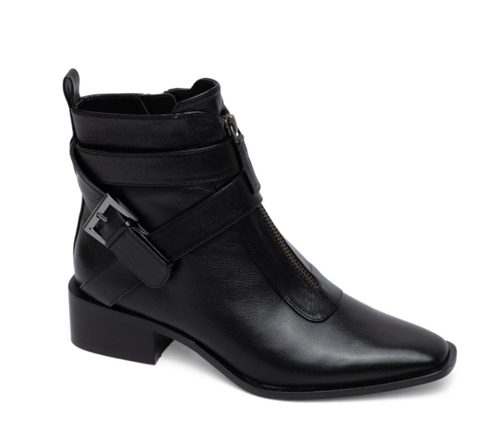 Linea Paolo Valona Ankle Boots Black Leather Size 7 NWOB Stack Heel Strappy